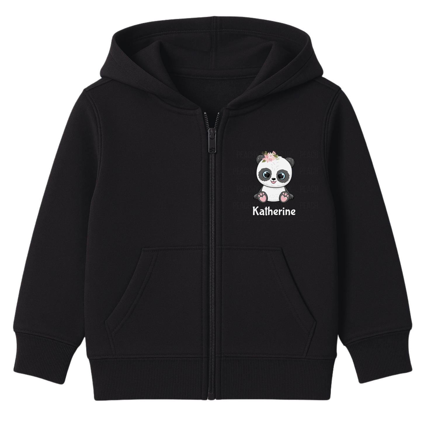 Girls black zip-up hoodie featuring a cute floral panda illustration and personalised name print on the chest