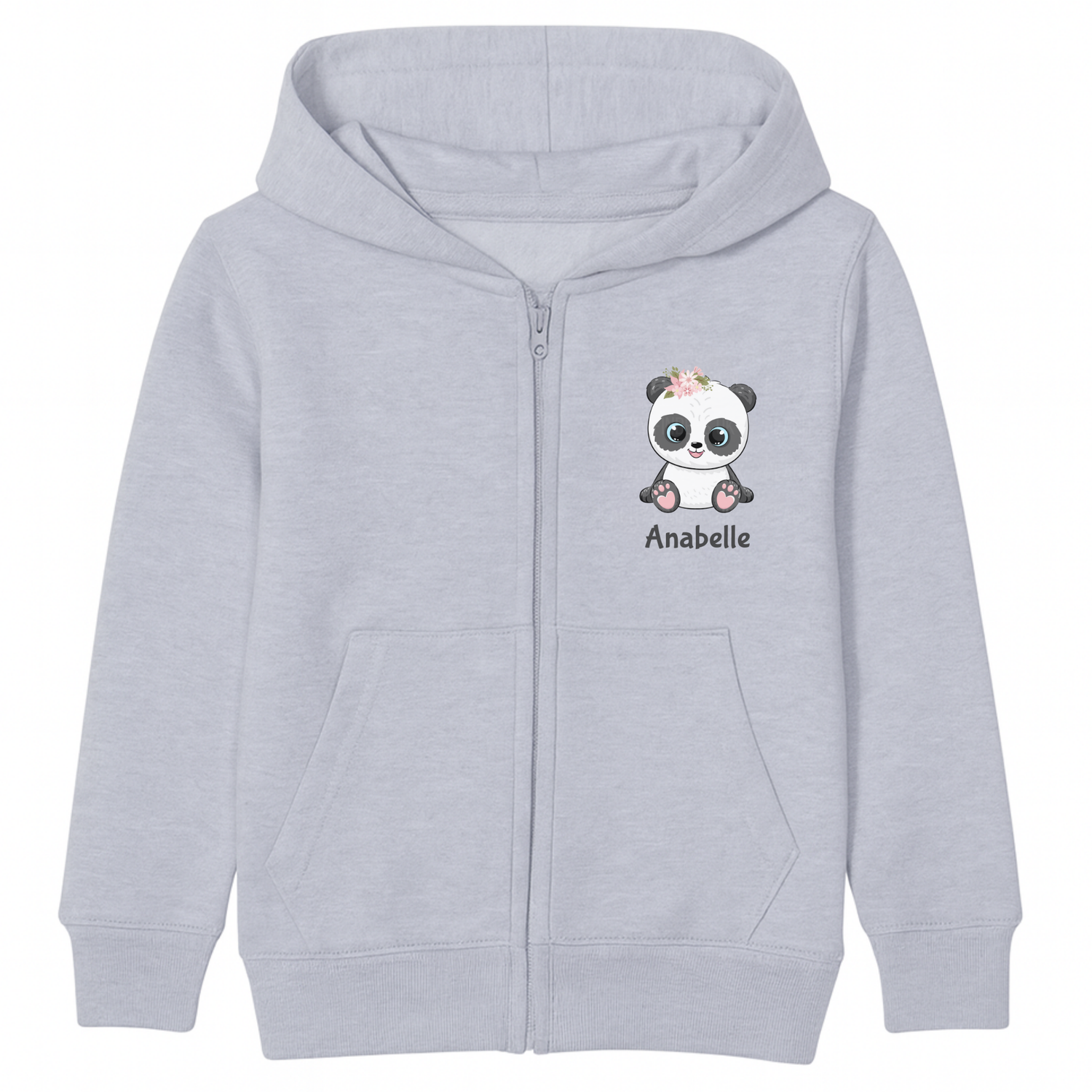 Girls heather grey zip-up hoodie featuring a cute floral panda illustration and personalised name print on the chest