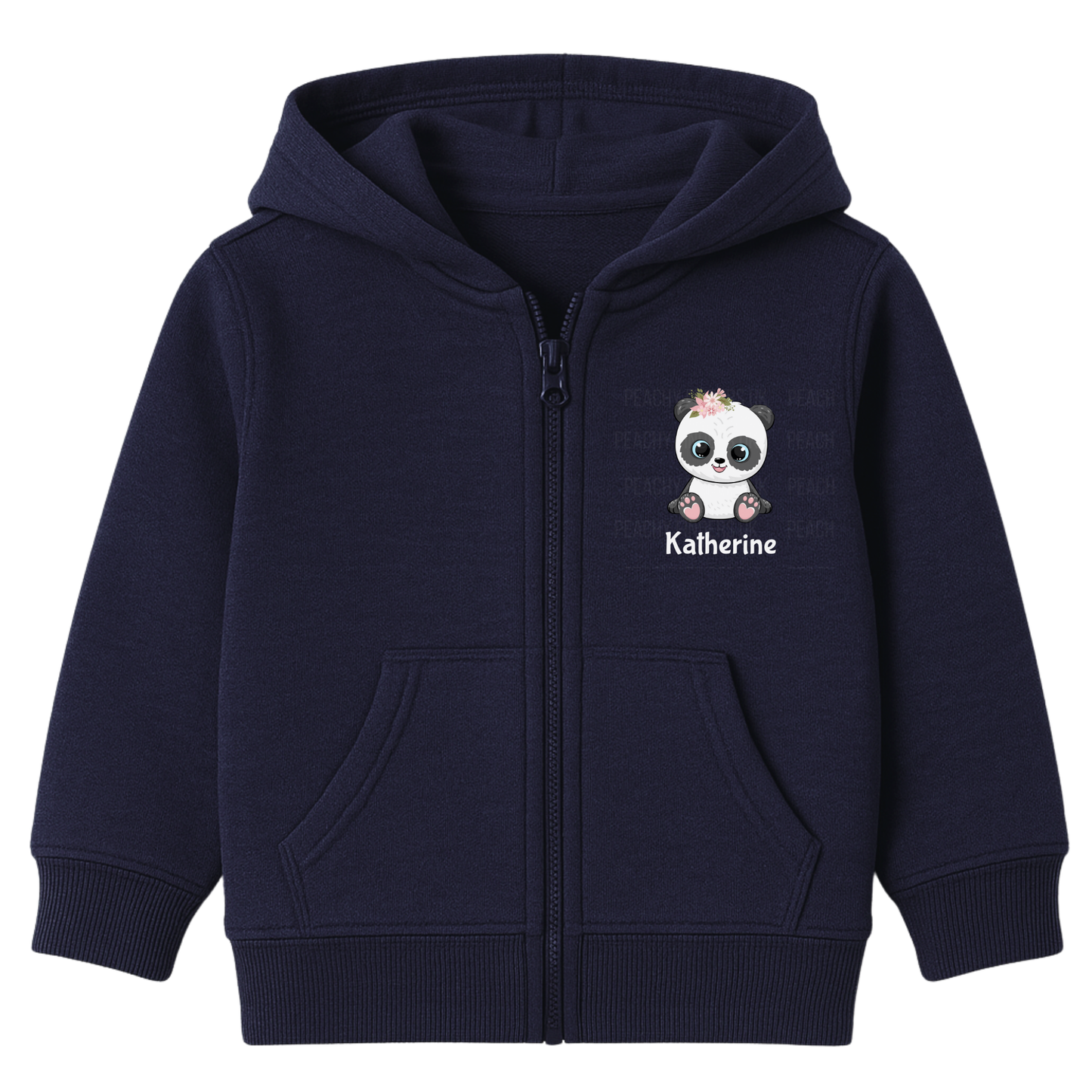 Girls navy zip-up hoodie featuring a cute floral panda illustration and personalised name print on the chest