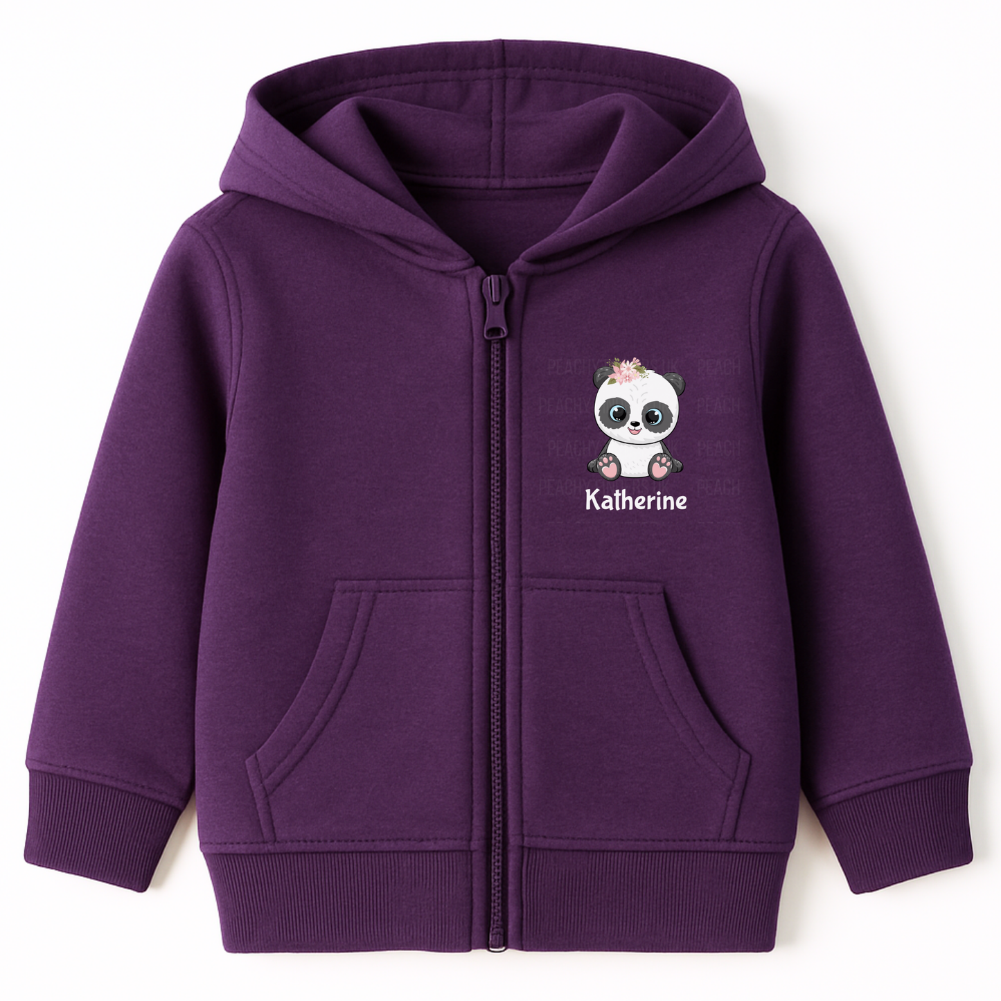 Girls purple zip-up hoodie featuring a cute floral panda illustration and personalised name print on the chest