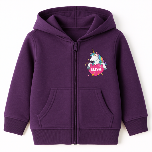 Girls purple personalised unicorn zip hoodie featuring a unicorn holding a pink heart with a custom name inside, surrounded by yellow stars.