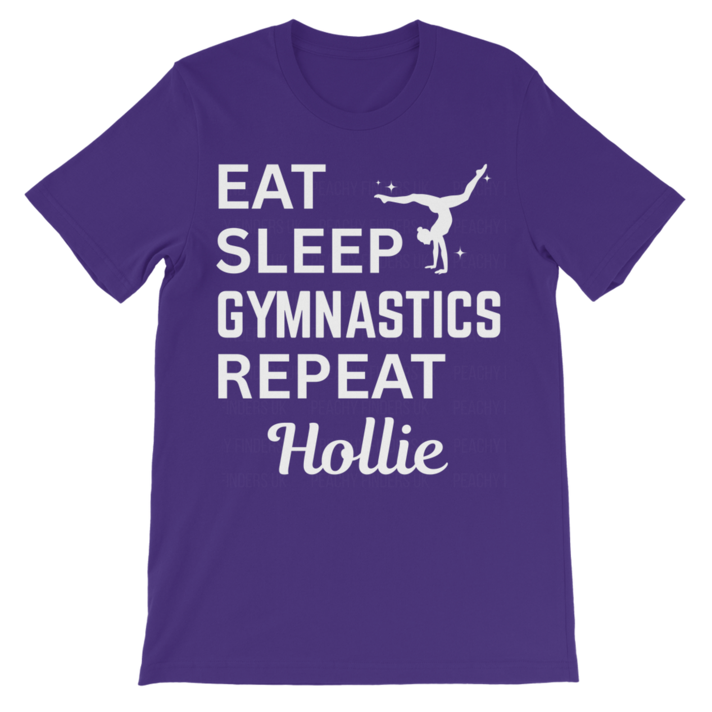 Purple t-shirt with white text 'Eat Sleep Gymnastics Repeat Hollie' on a white background