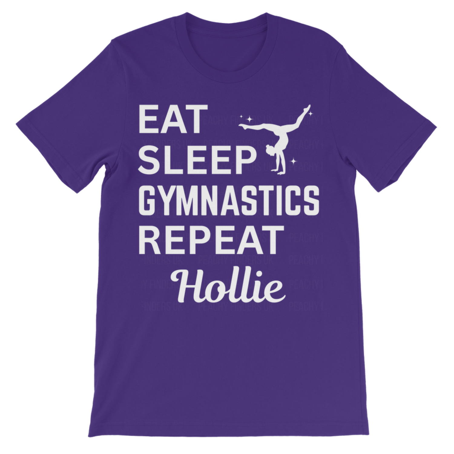 Purple t-shirt with white text 'Eat Sleep Gymnastics Repeat Hollie' on a white background