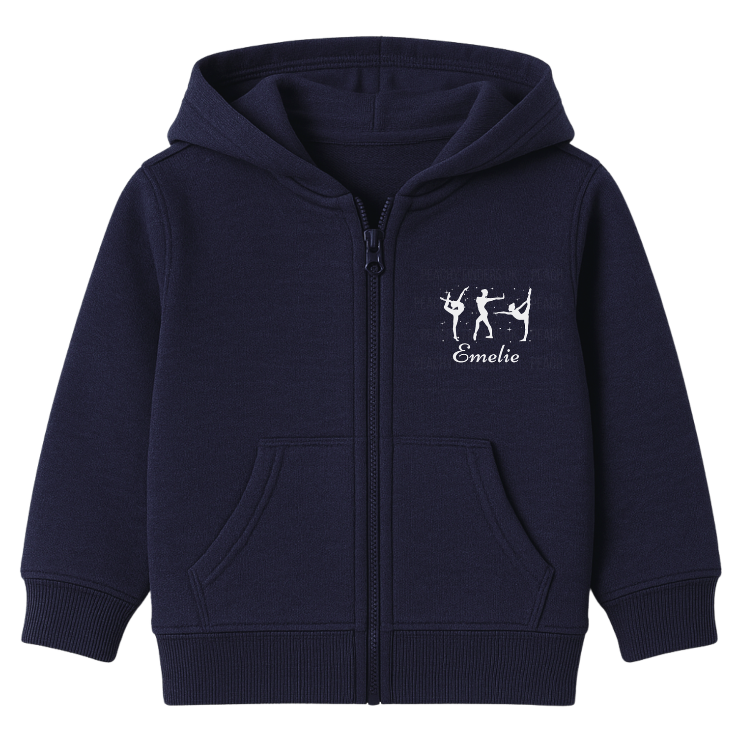 Girls navy zip hoodie with a three gymnast silhouettes striking poses with a personalised name underneath