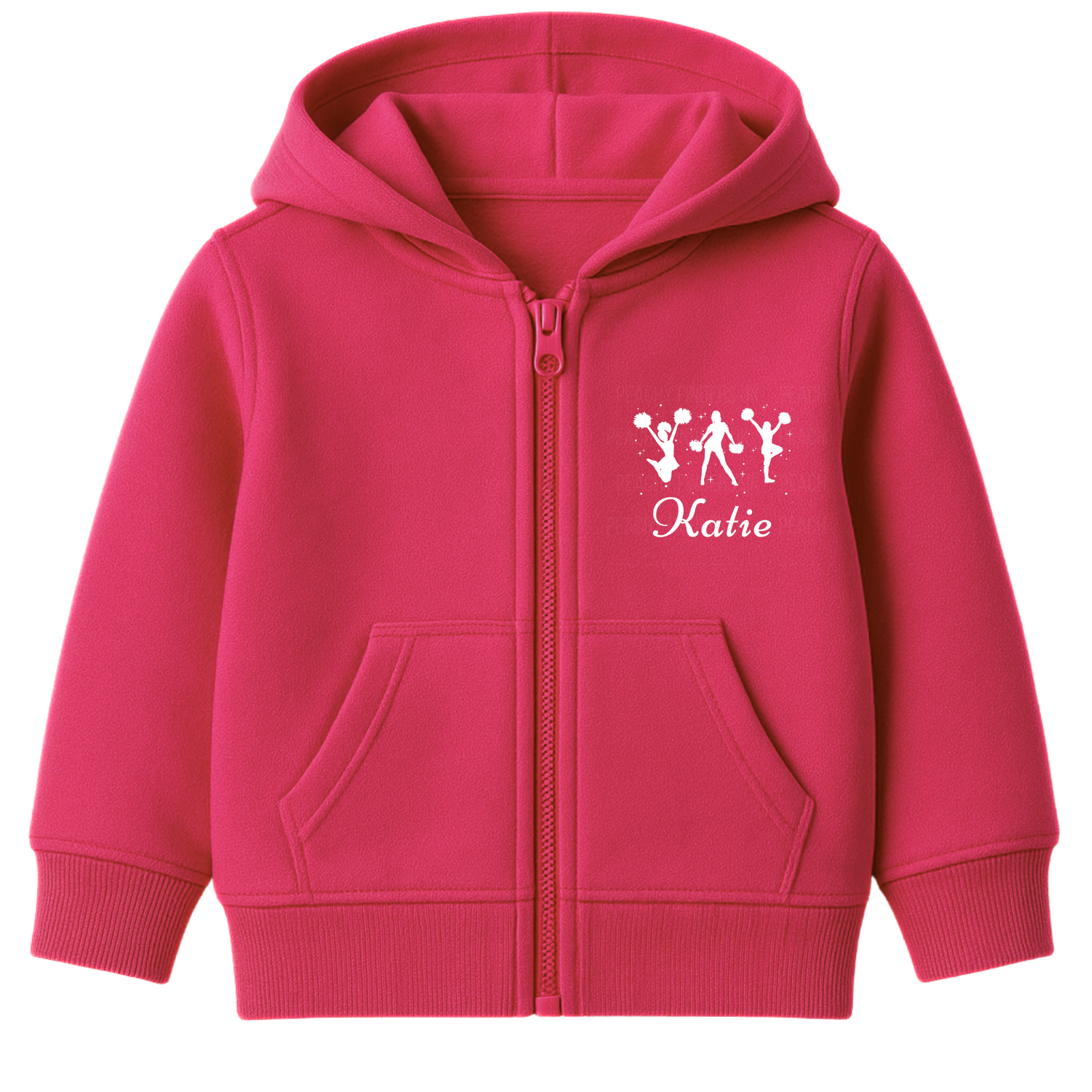 Girls hot pink personalised cheerleader zip hoodie with white cheer silhouettes and custom name print.