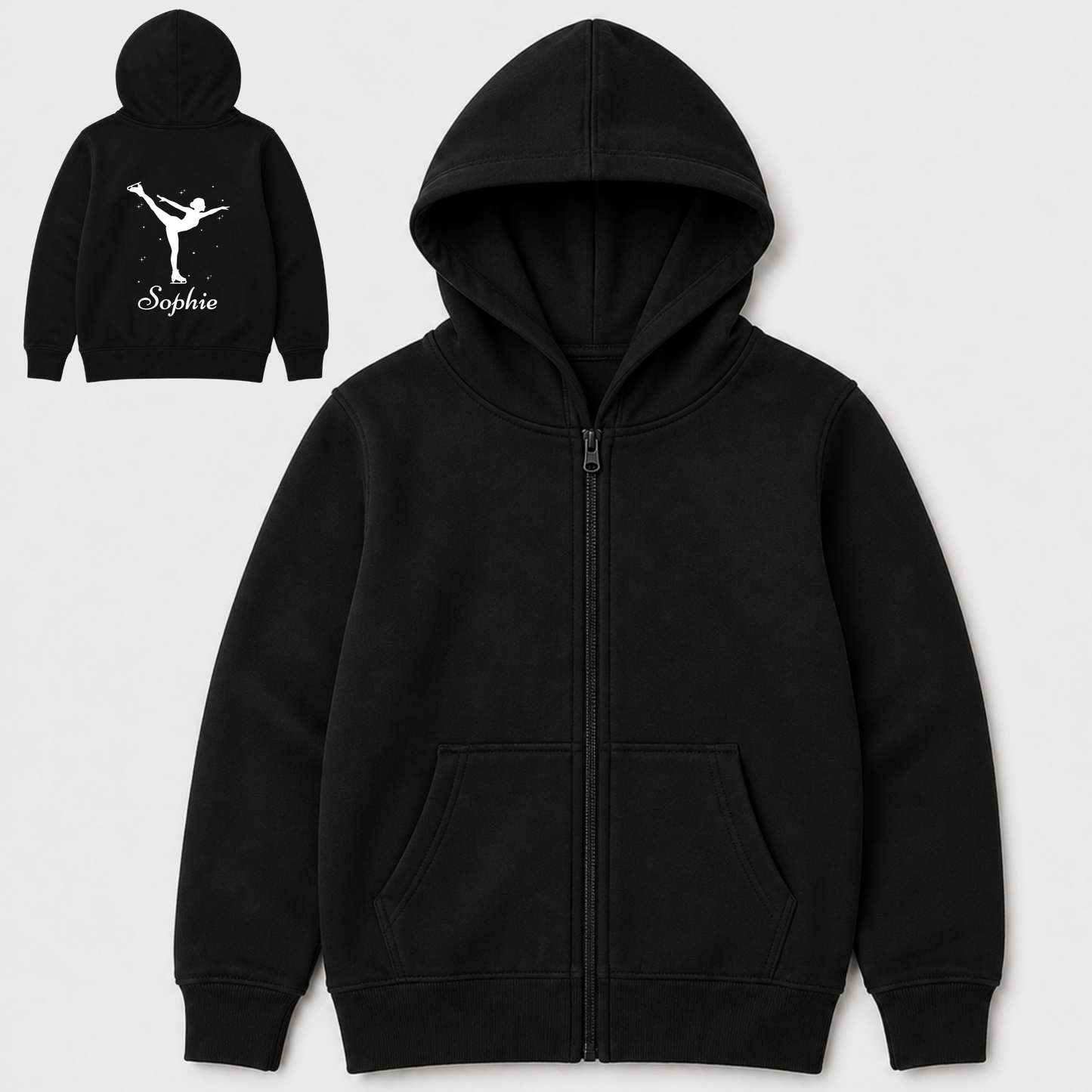 Kids black personalised ice skating zip hoodie shown from the front, with an inset back view featuring a white figure skater, sparkle details and the name Sophie.
