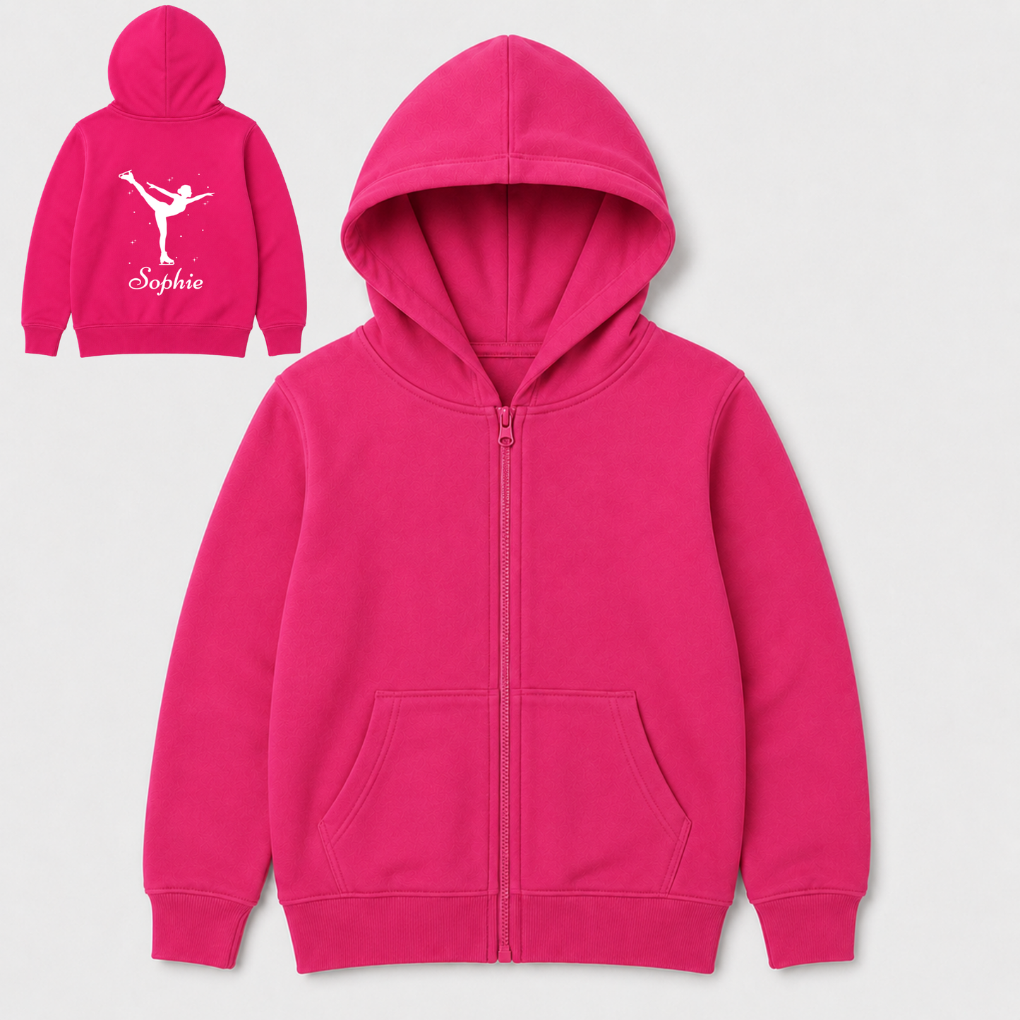 A bright pink zip-up hoodie shown from the front, with a smaller inset view of the back. The back has a white ice-skater figure silhouette and the name 'Sophie' in script.