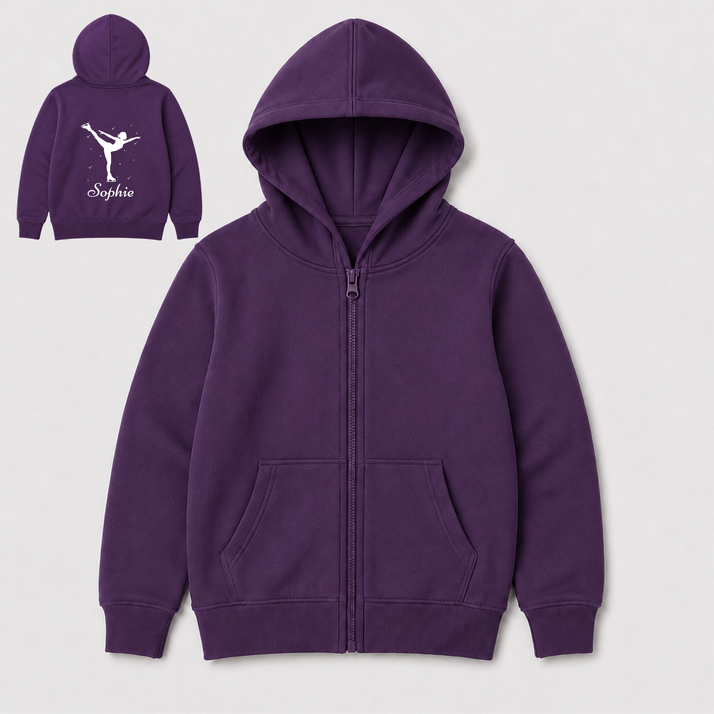Purple girls personalised figure skating zip hoodie shown from the front, with an inset back view displaying a white skater silhouette, stars and the name Sophie.