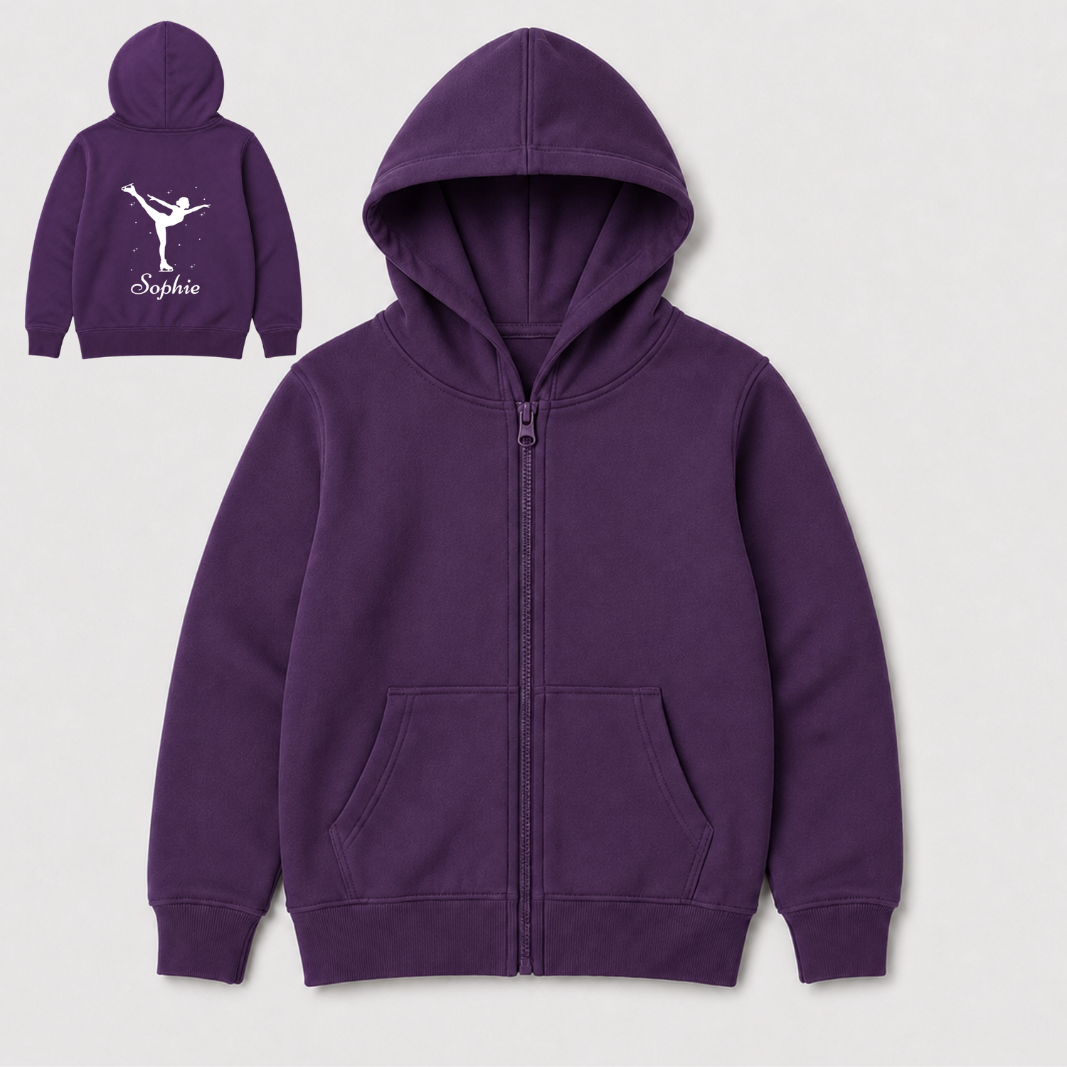 Purple girls personalised figure skating zip hoodie shown from the front, with an inset back view displaying a white skater silhouette, stars and the name Sophie.