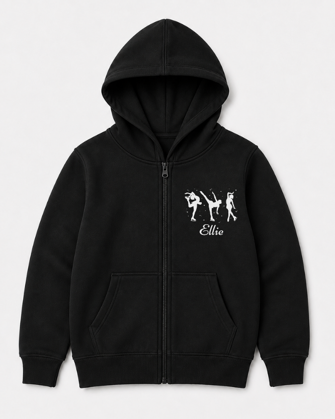 Girls black zip-up hoodie featuring three white ice skater silhouettes with personalised name on the chest.
