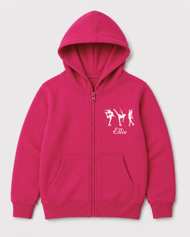 Girls hot pink zip-up hoodie featuring three white ice skater silhouettes with personalised name on the chest.