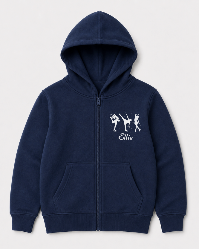 Girls navy zip-up hoodie featuring three white ice skater silhouettes with personalised name on the chest.