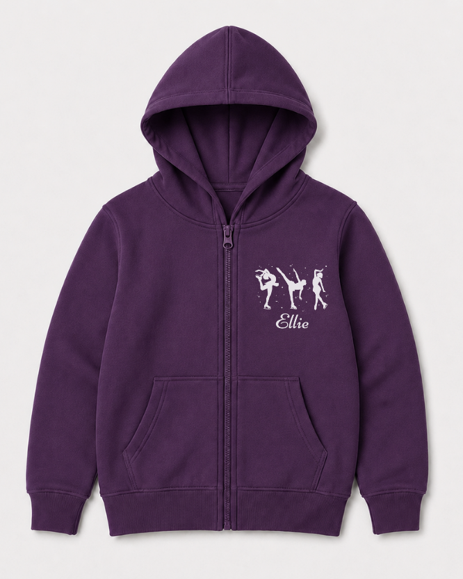 Girls purple zip-up hoodie featuring three white ice skater silhouettes with personalised name on the chest.