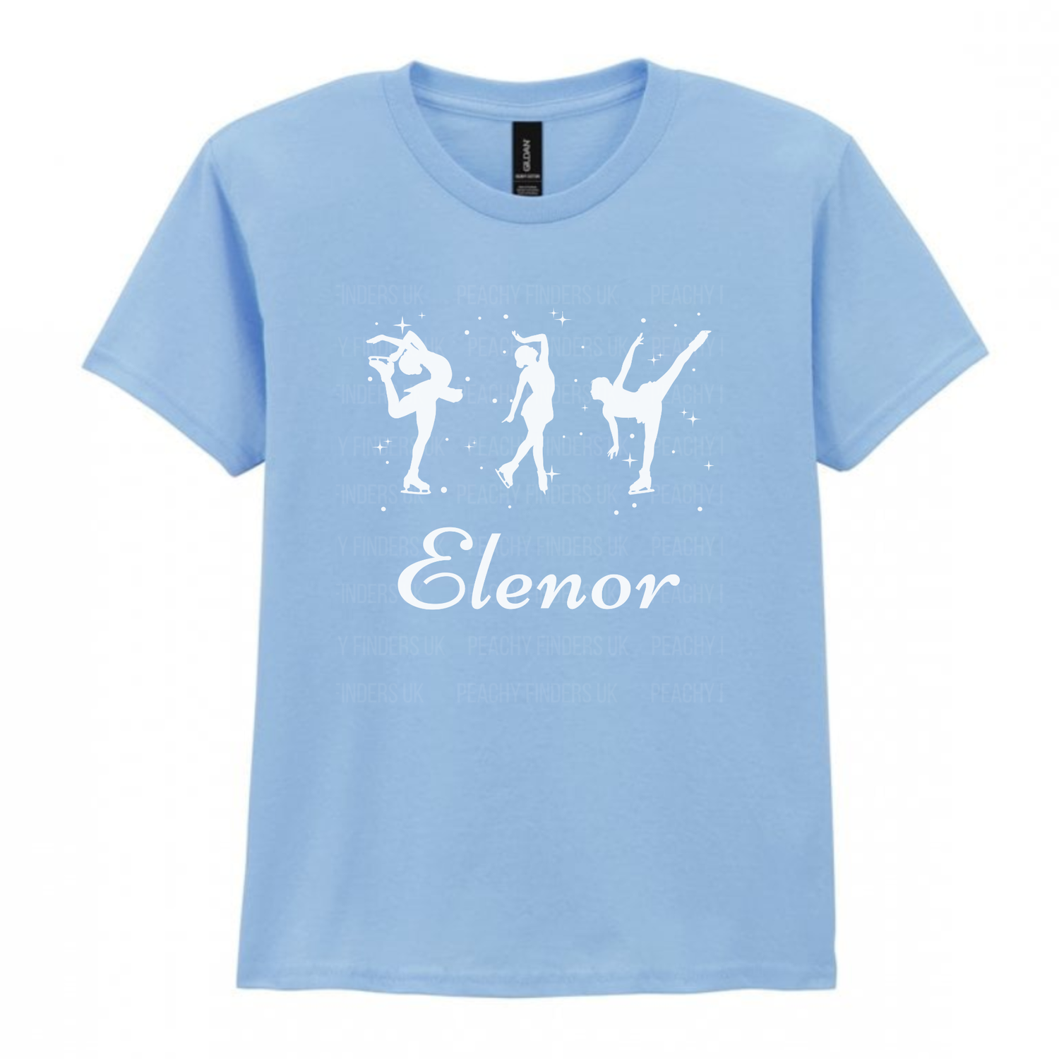 Girls light blue personalised ice skater t-shirt featuring three white figure skating silhouettes with stars and the name “Elenor” printed underneath.