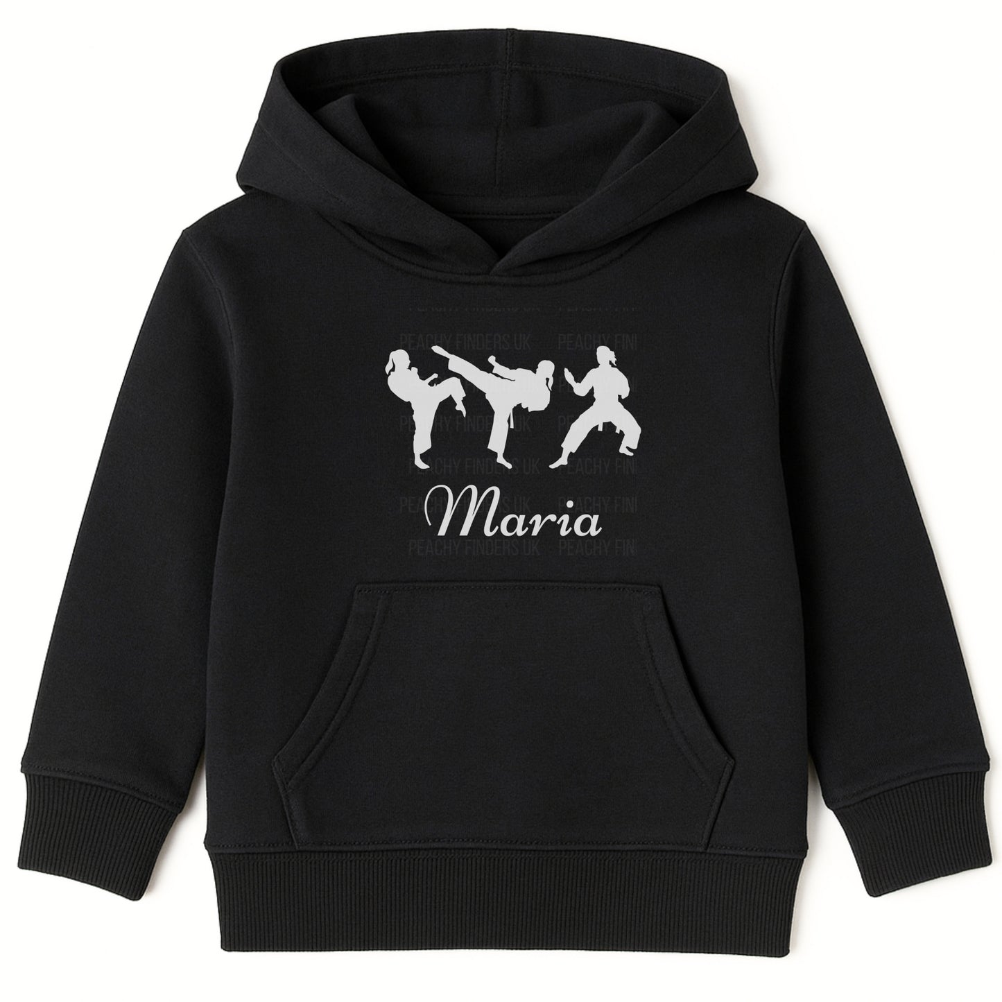 Kids black hoodie with white female martial arts/karate silhouette graphics with personalised name