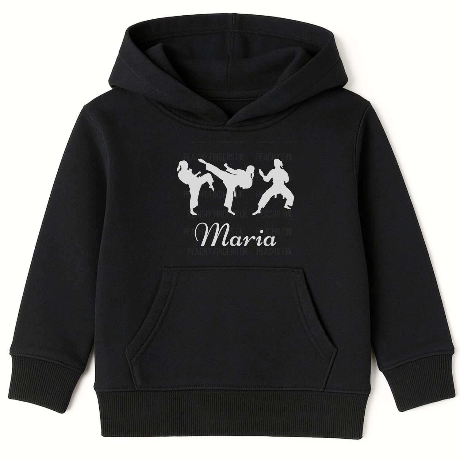 Kids black hoodie with white female martial arts/karate silhouette graphics with personalised name