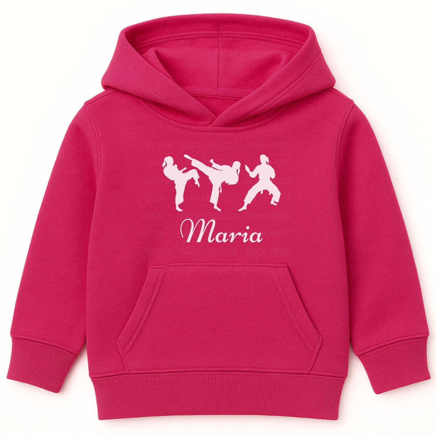 Kids hot pink hoodie with white female martial arts/karate silhouette graphics with personalised name