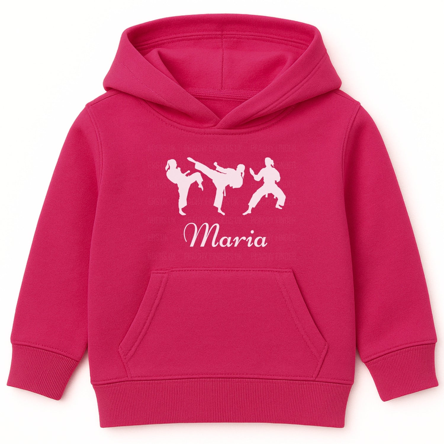 Kids hot pink hoodie with white female martial arts/karate silhouette graphics with personalised name