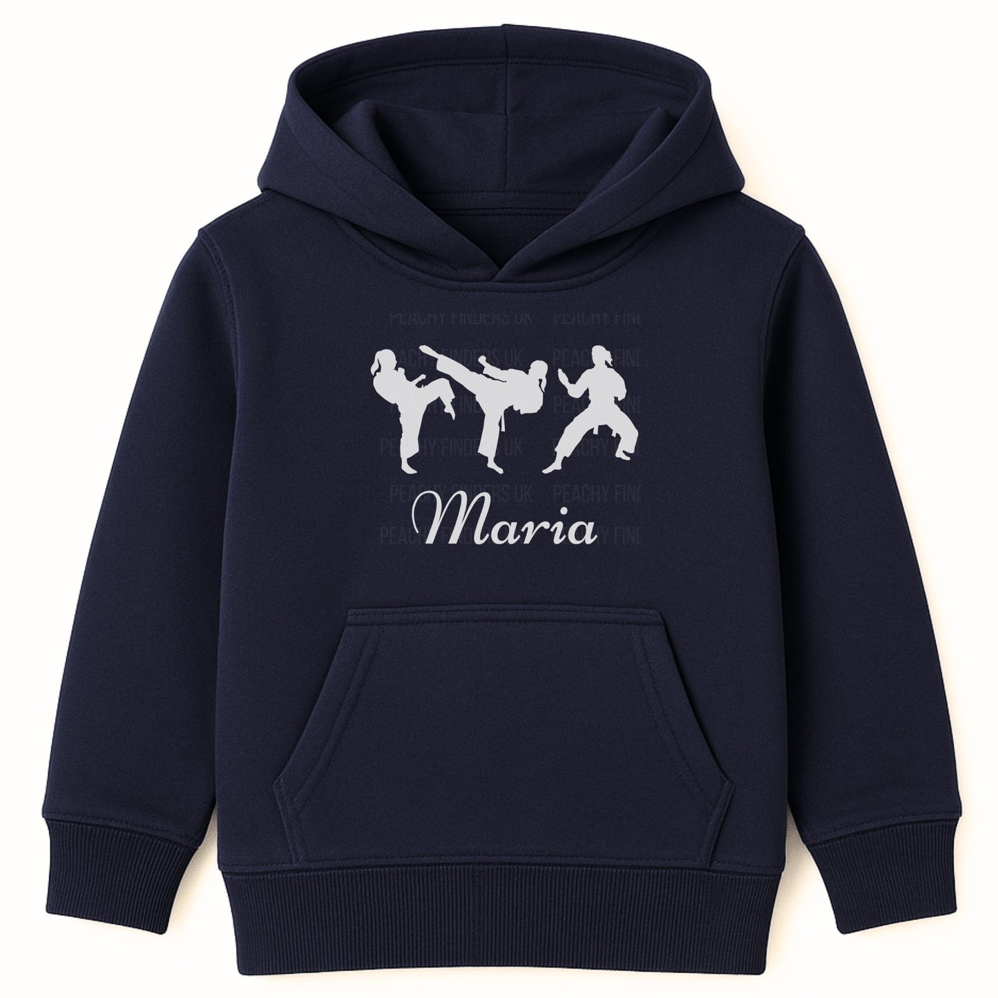 Kids navy hoodie with white female martial arts/karate silhouette graphics with personalised name