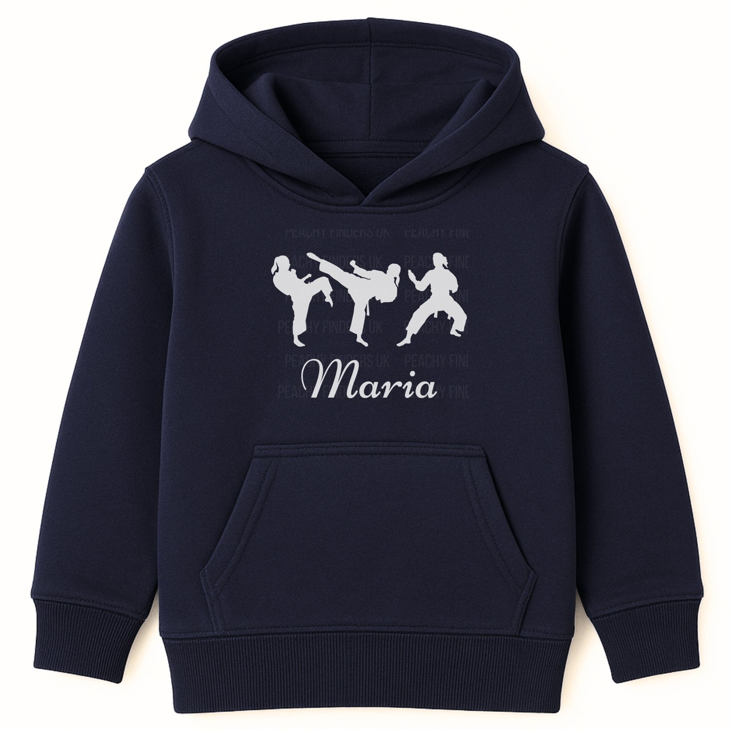 Kids navy hoodie with white female martial arts/karate silhouette graphics with personalised name