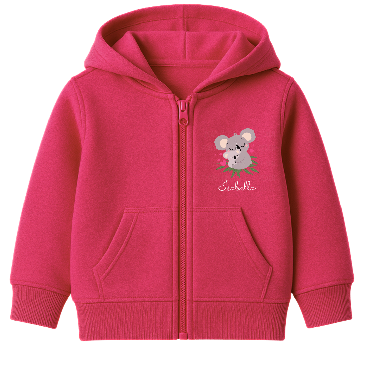 Girls hot-pink zip-up hoodie featuring a cute koala and joey illustration with pink heart details and custom name print on the chest