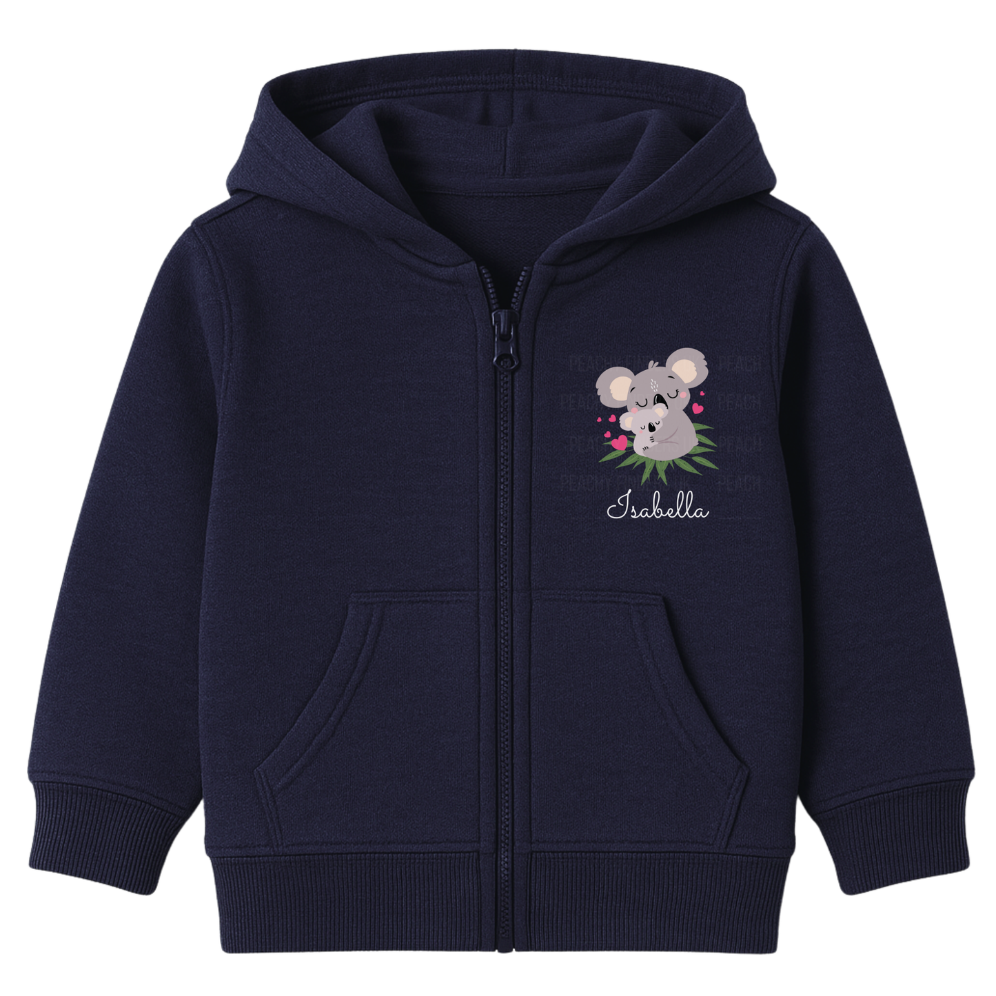 Girls navy zip-up hoodie featuring a cute koala and joey illustration with pink heart details and custom name print on the chest