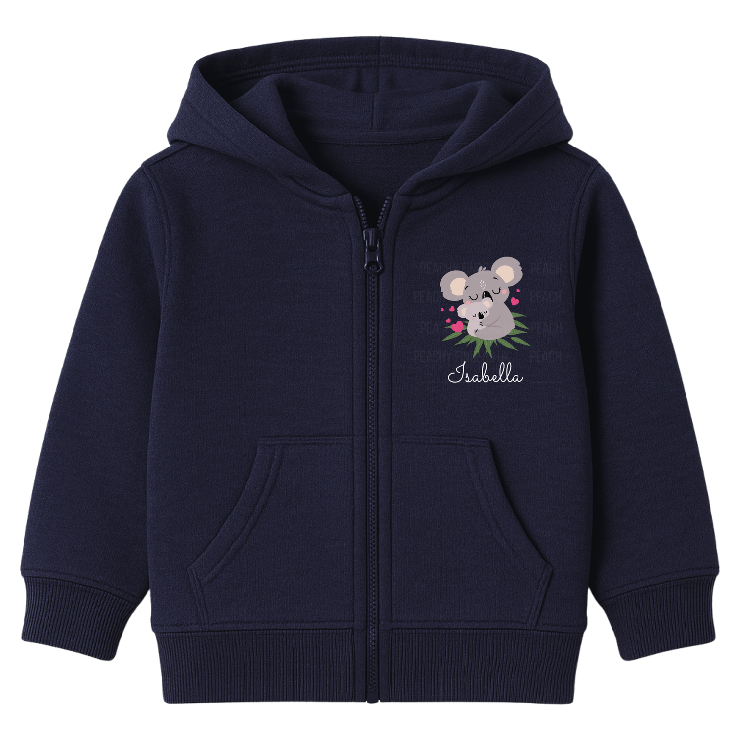 Girls navy zip-up hoodie featuring a cute koala and joey illustration with pink heart details and custom name print on the chest
