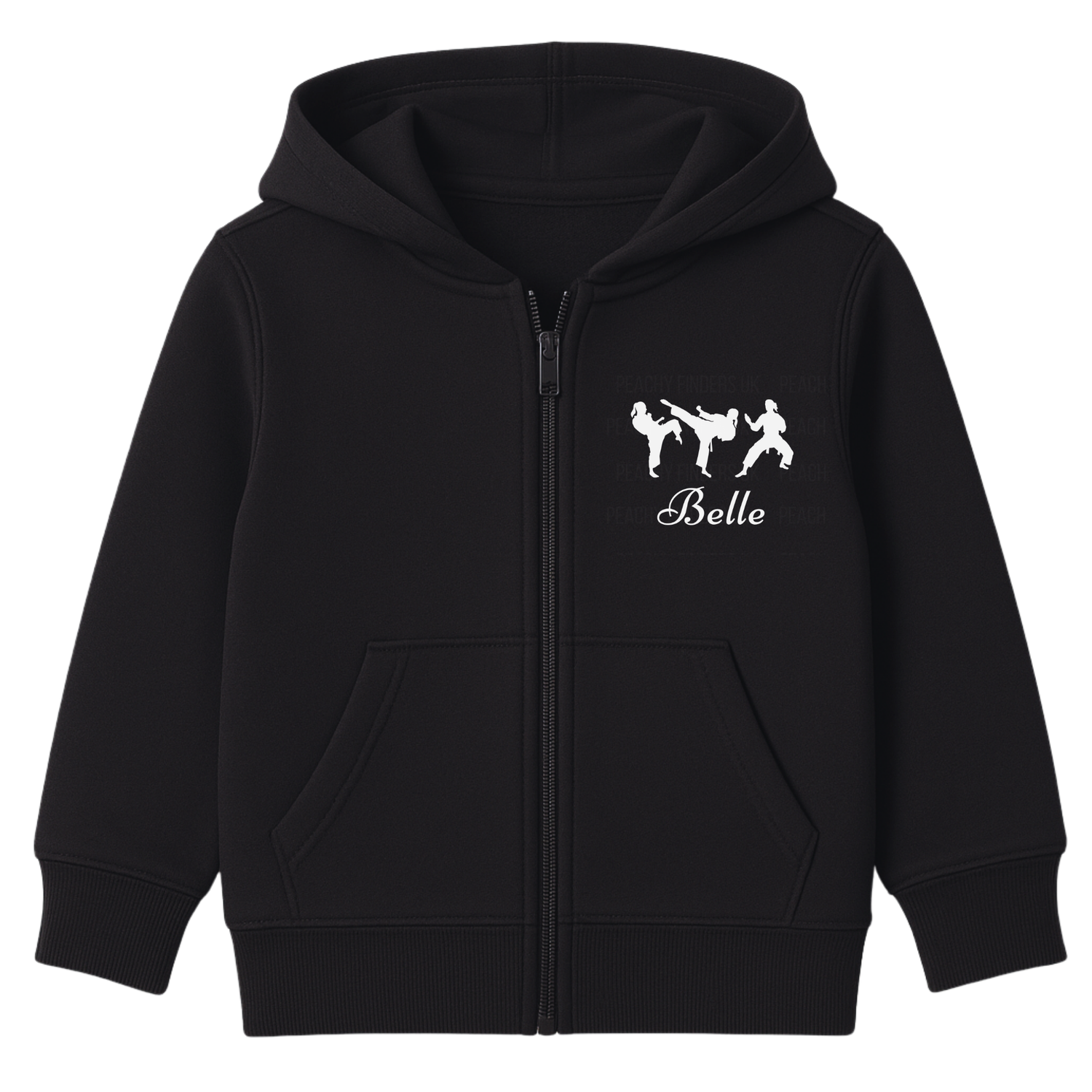 Girls black full-zip hoodie featuring three white martial arts silhouettes in action poses printed on the left chest, personalised with the name “Belle”.