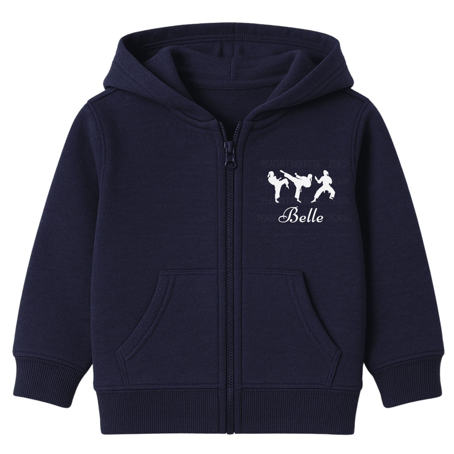 Navy girls full-zip hoodie featuring three white martial arts silhouettes in action poses printed on the left chest, personalised with the name “Belle”.