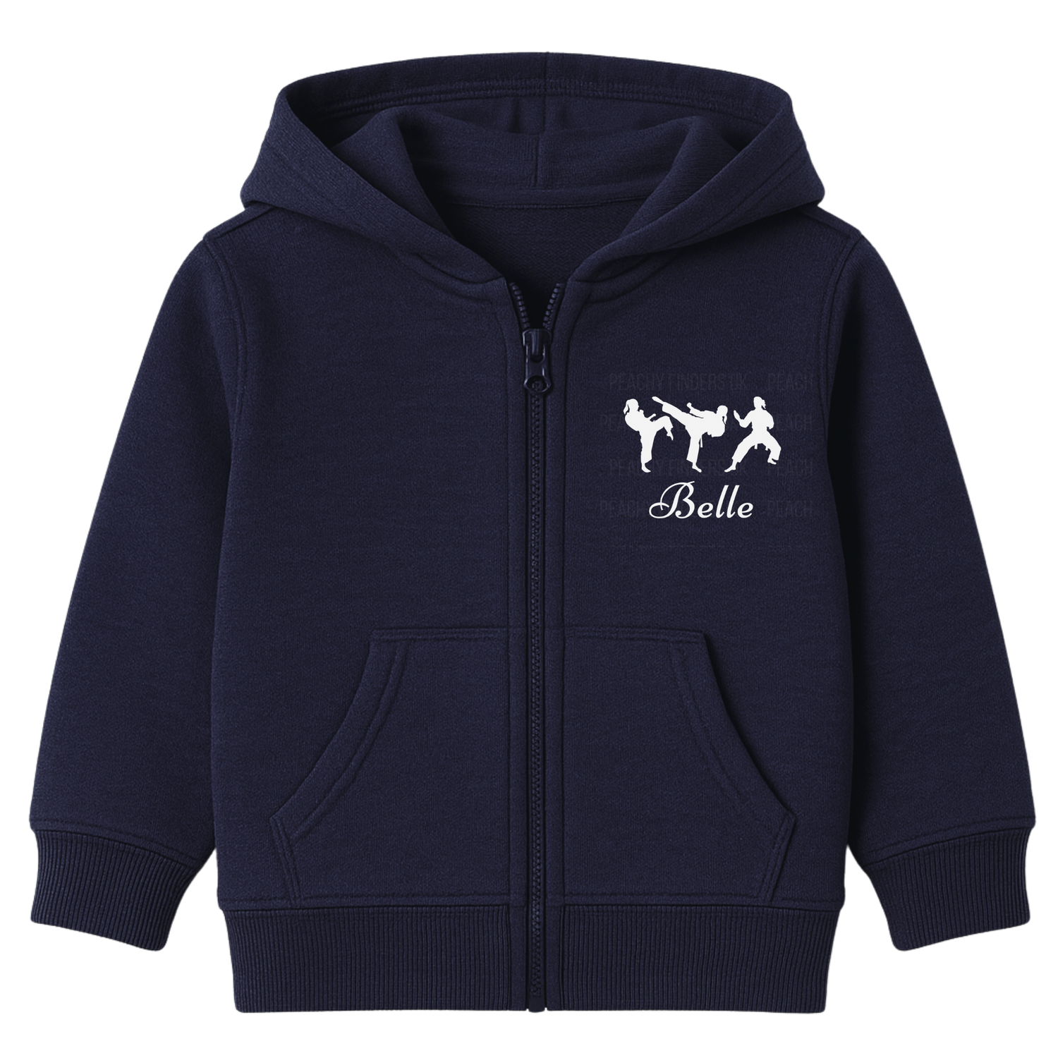 Navy girls full-zip hoodie featuring three white martial arts silhouettes in action poses printed on the left chest, personalised with the name “Belle”.