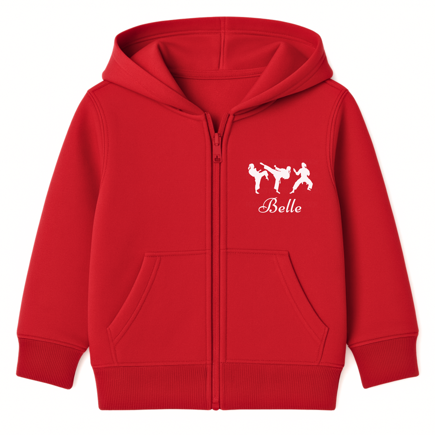 Girls red full-zip hoodie featuring three white martial arts silhouettes in action poses printed on the left chest, personalised with the name “Belle”.