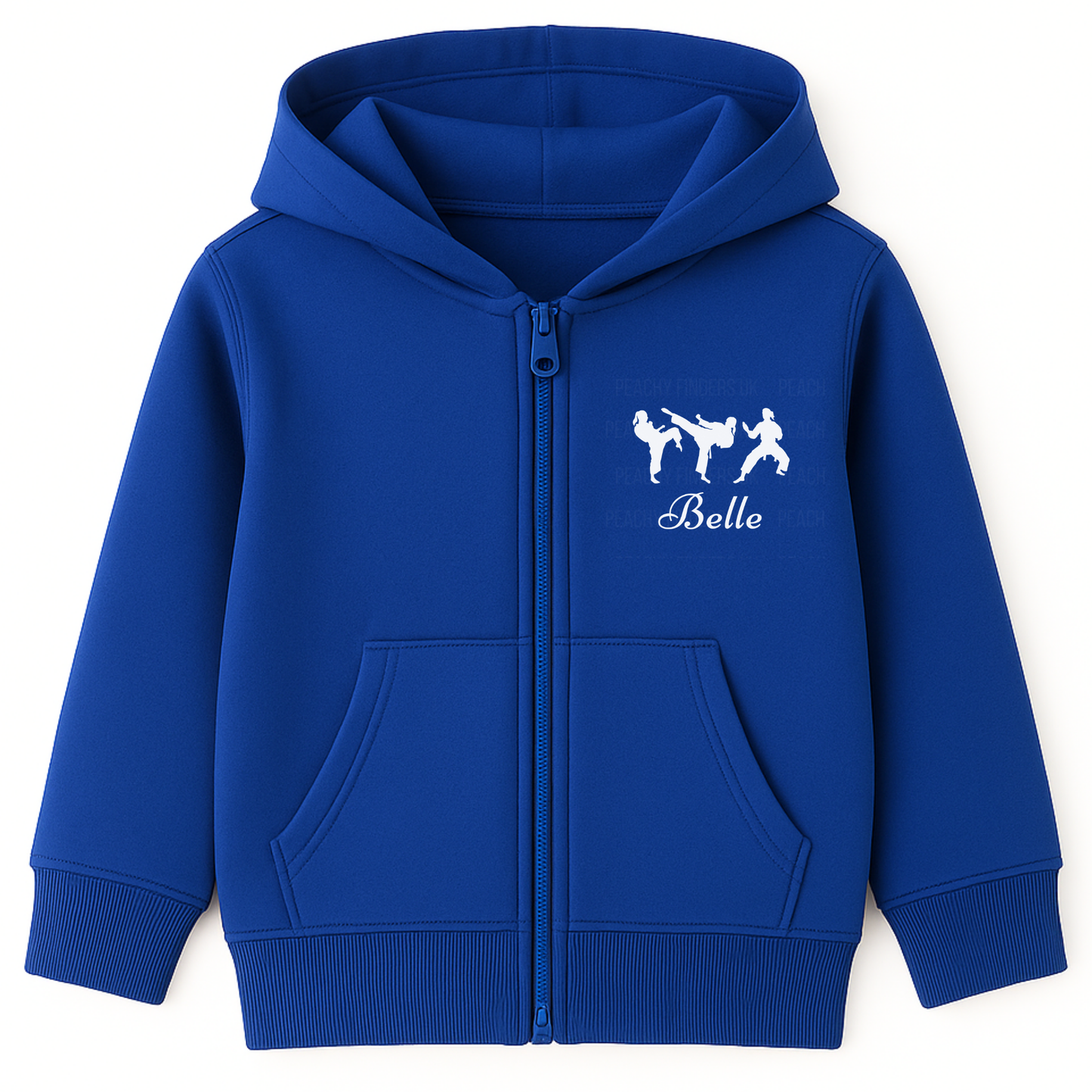 Royal blue girls full-zip hoodie featuring three white martial arts silhouettes in action poses printed on the left chest, personalised with the name “Belle”.