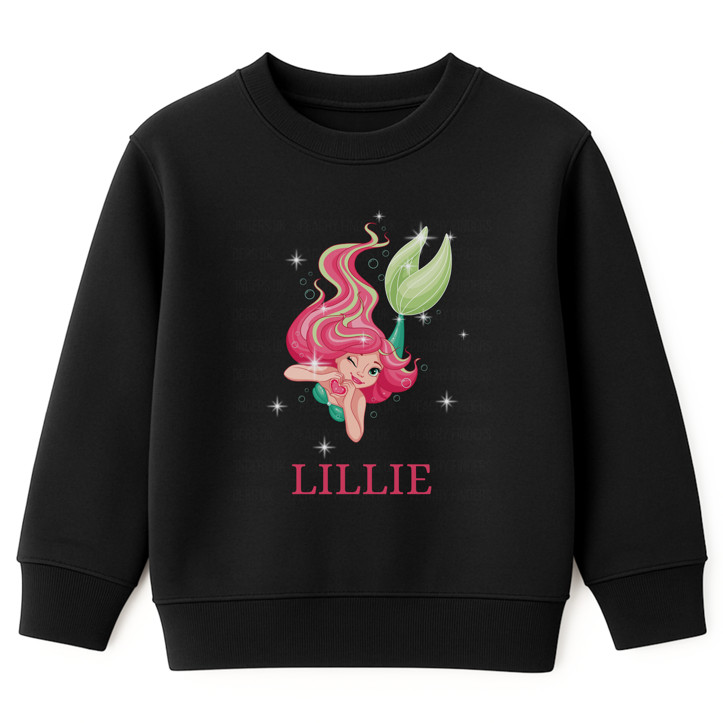 Girls black sweatshirt featuring a pink-haired mermaid surrounded by stars with personalised name “Lillie” printed underneath.