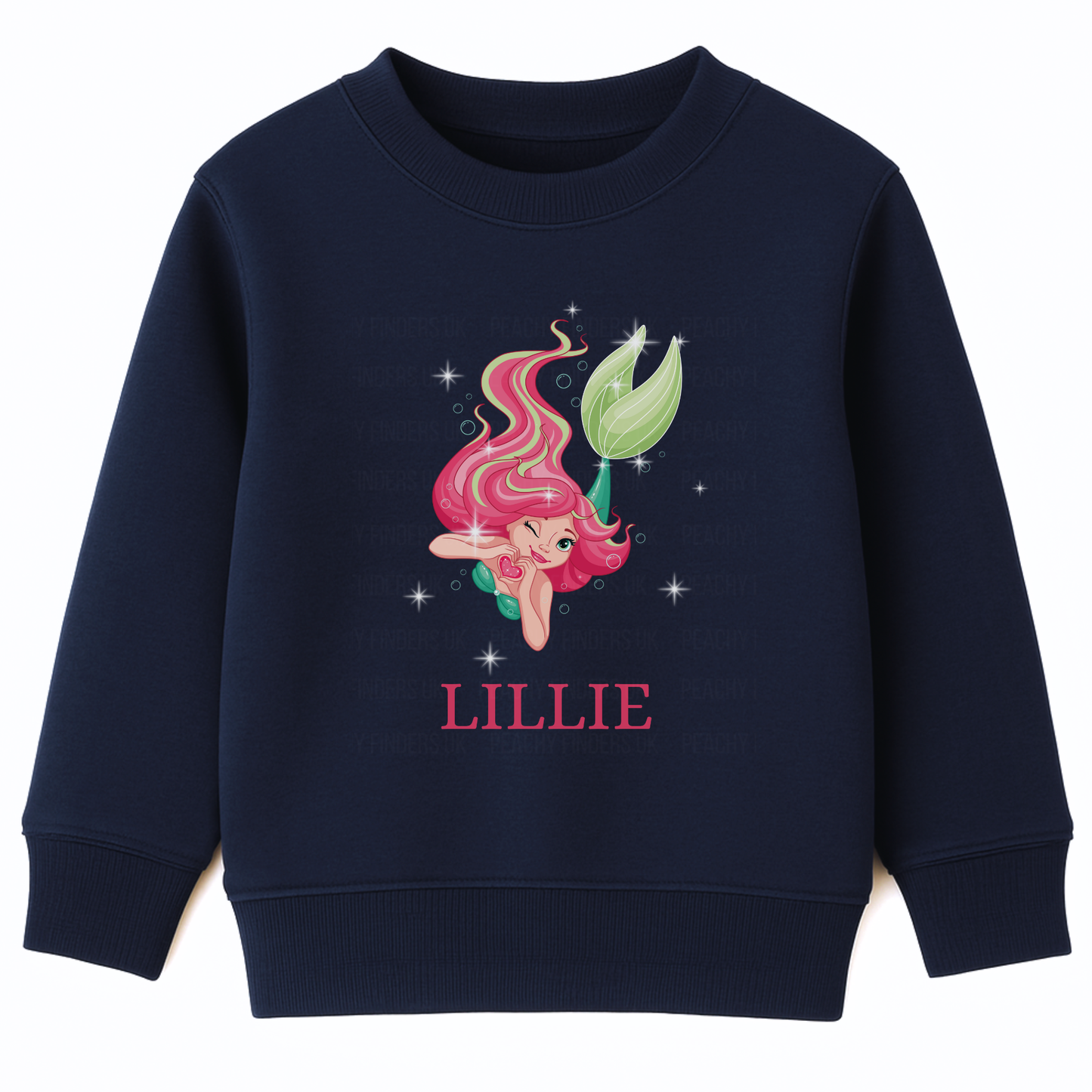 Girls navy sweatshirt jumper featuring a pink-haired mermaid winking, holding a heart surrounded by stars with personalised name “Lillie” printed underneath.