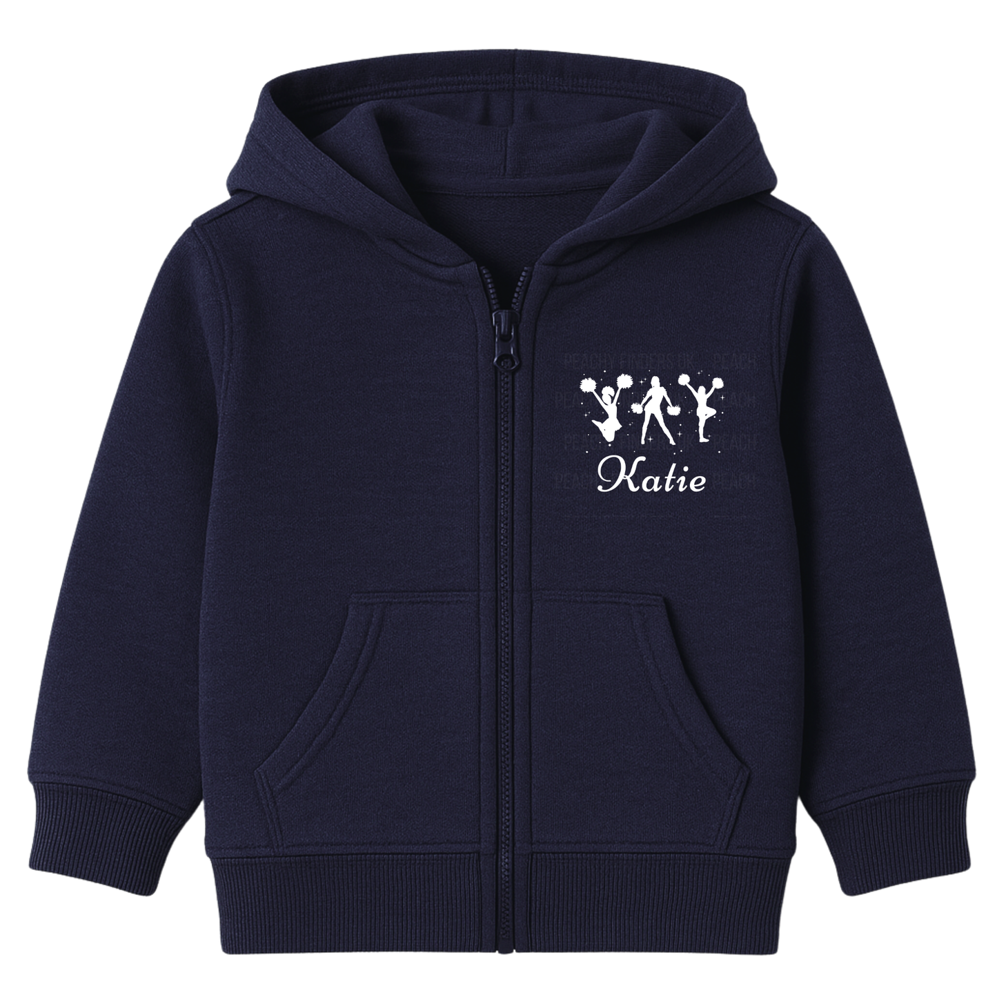 Girls navy personalised cheerleader zip hoodie with white cheer silhouettes and custom name print.