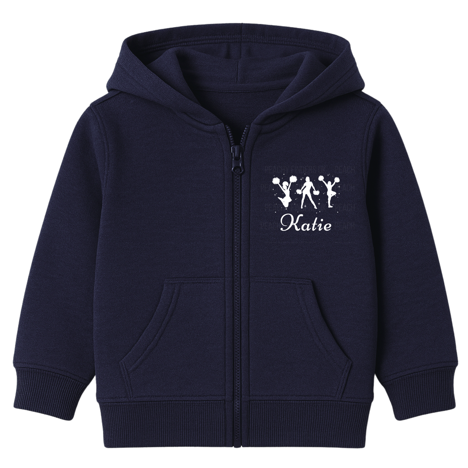 Girls navy personalised cheerleader zip hoodie with white cheer silhouettes and custom name print.