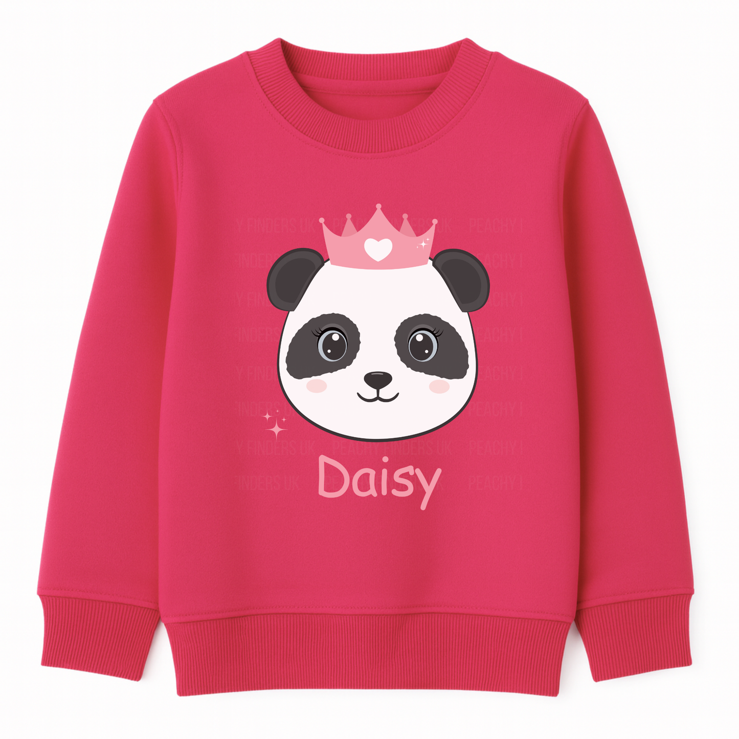 Hot pink personalised panda princess sweatshirt for girls with custom name “Daisy”.