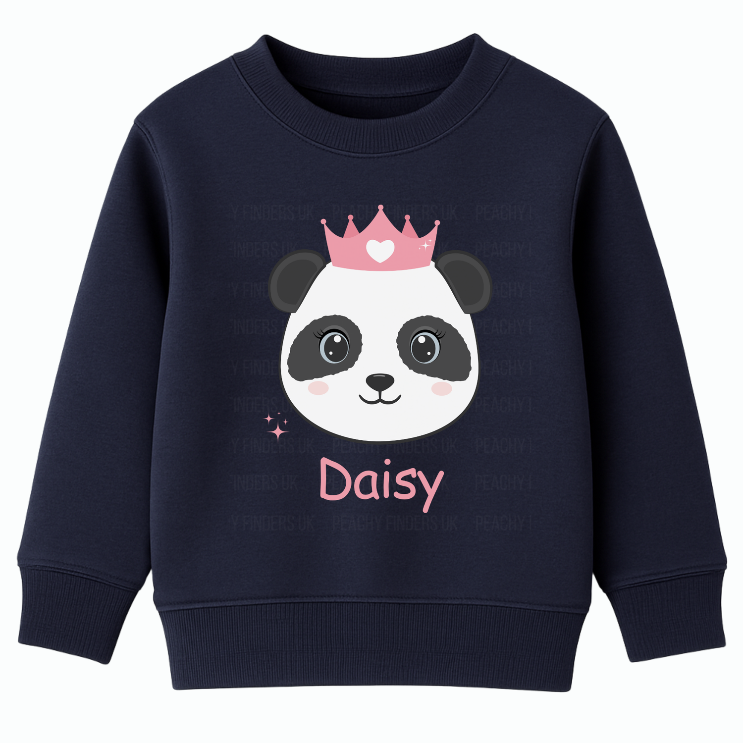 Navy sweatshirt with personalised panda princess design and name “Daisy” (kids jumper).
