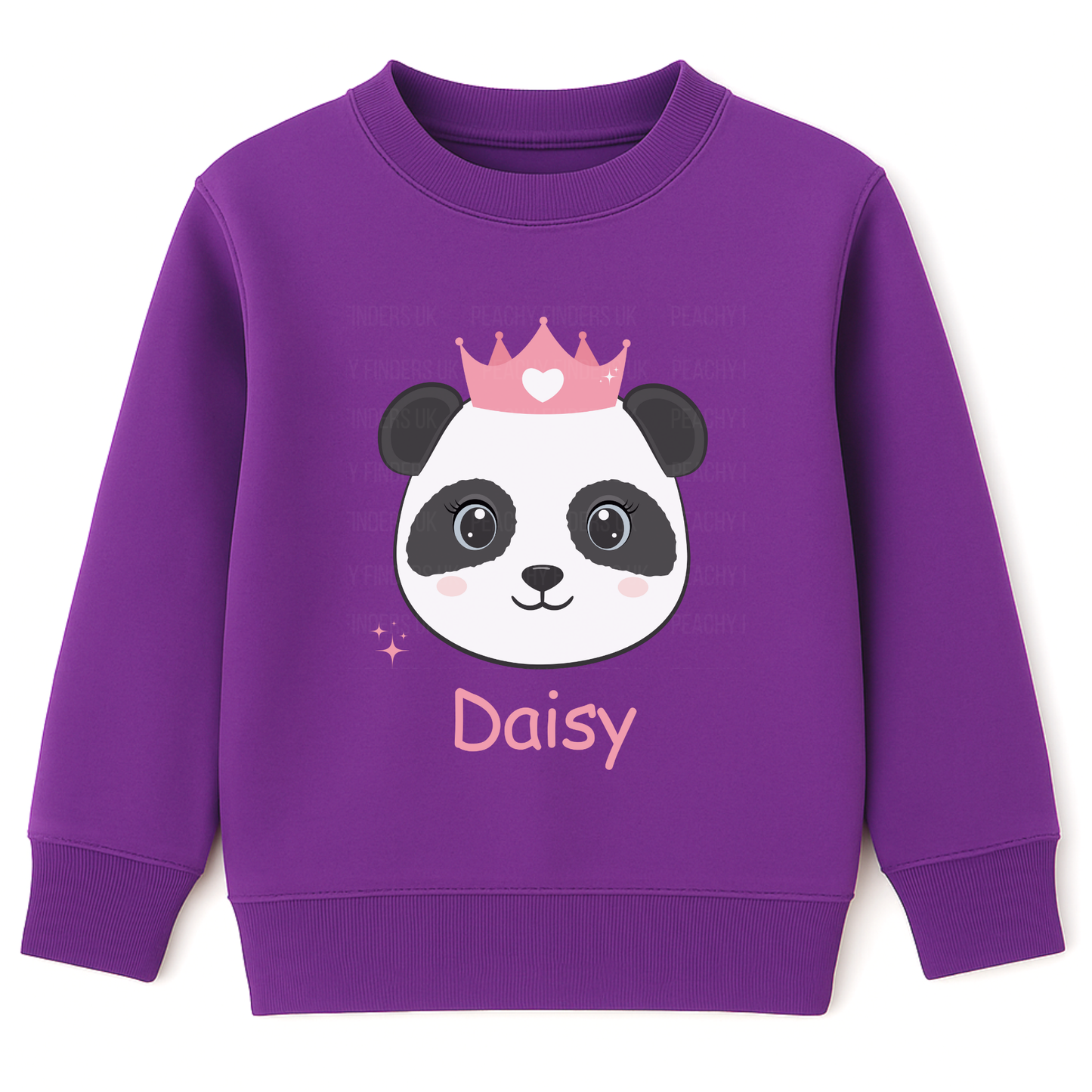 Purple personalised panda princess sweatshirt for girls with custom name “Daisy”.