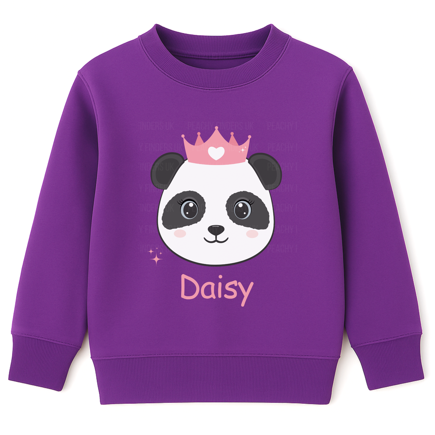 Purple personalised panda princess sweatshirt for girls with custom name “Daisy”.