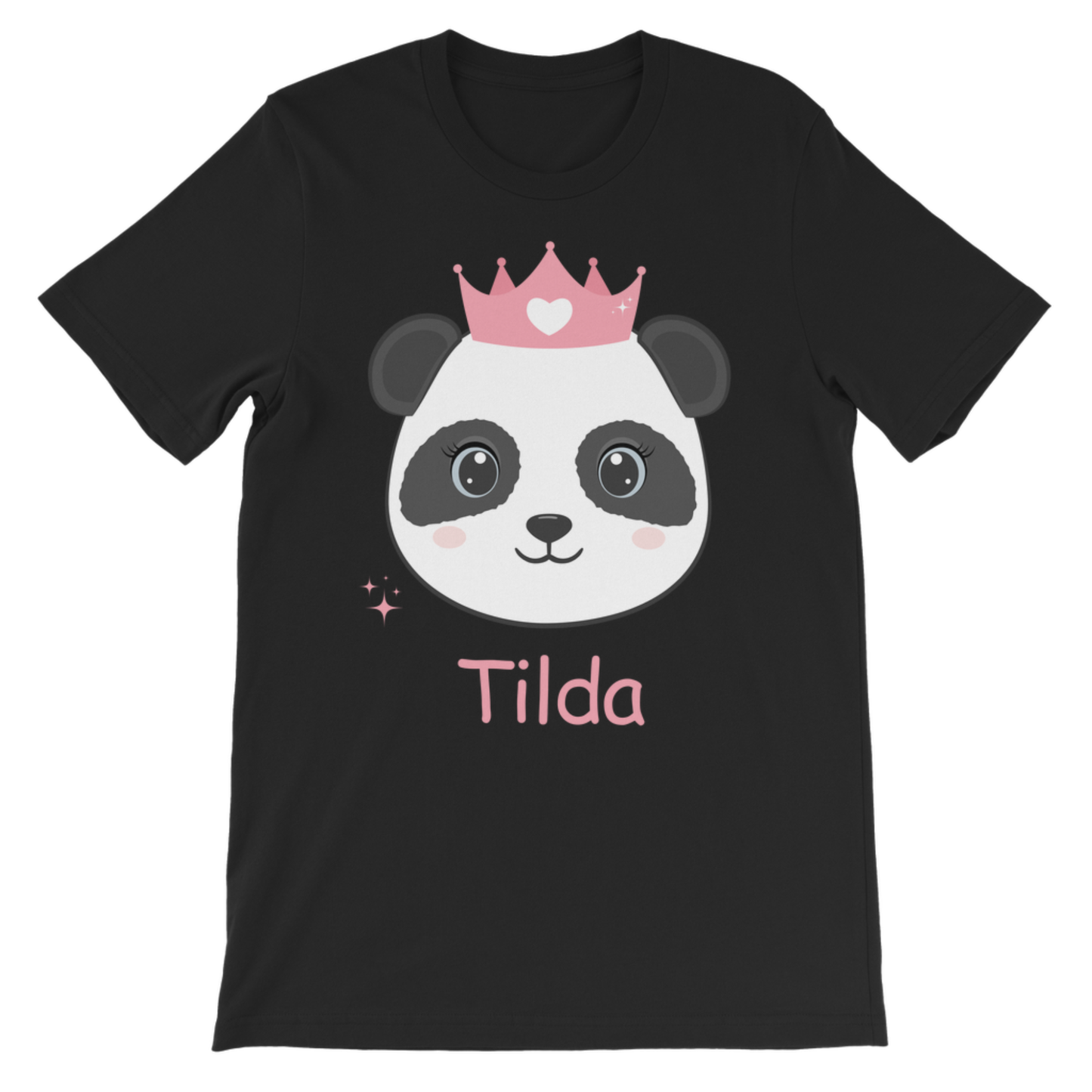 Black personalised panda princess t-shirt for girls with pink crown and custom name