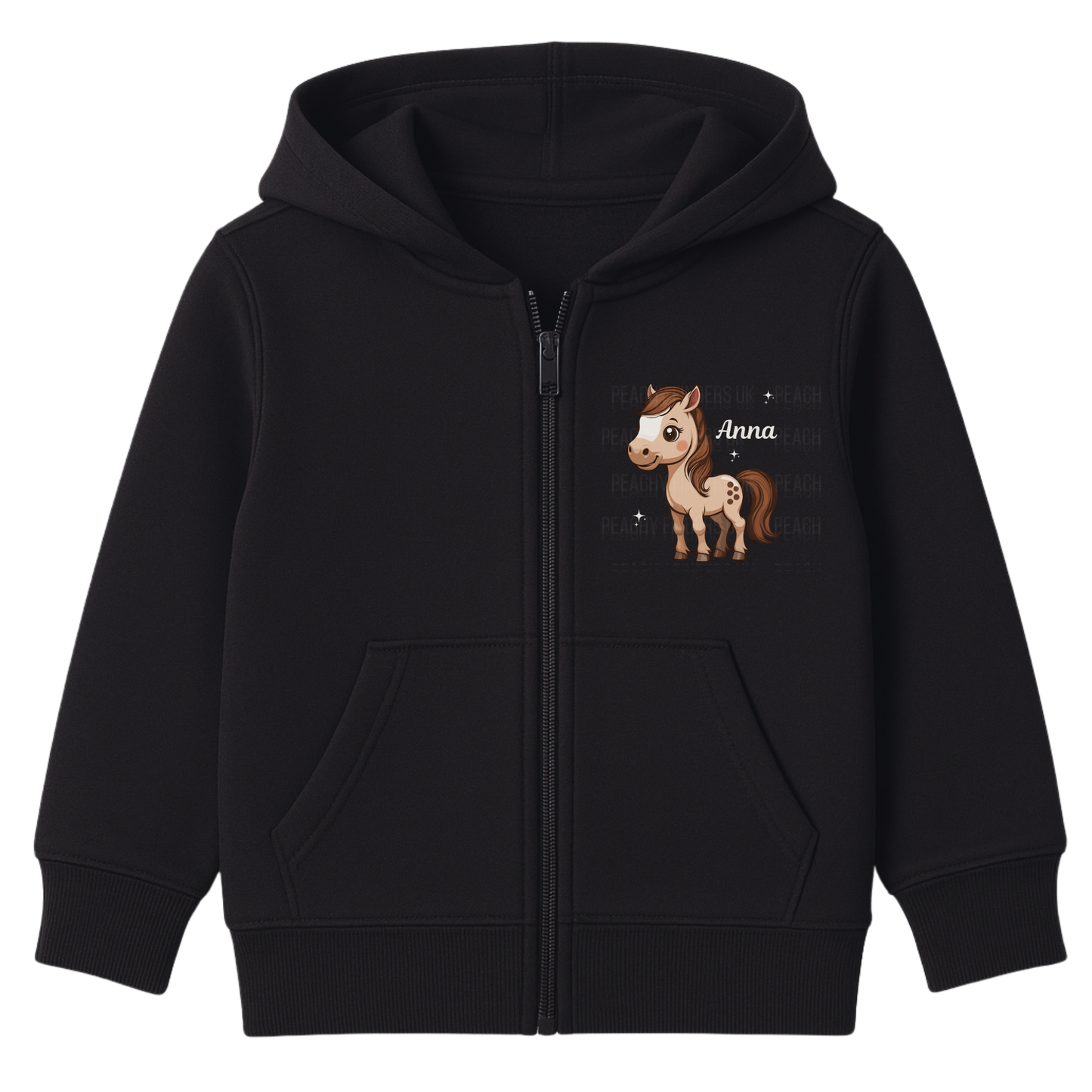 Girls black zip hoodie with a horse design and 'Anna' text printed on the front chest.
