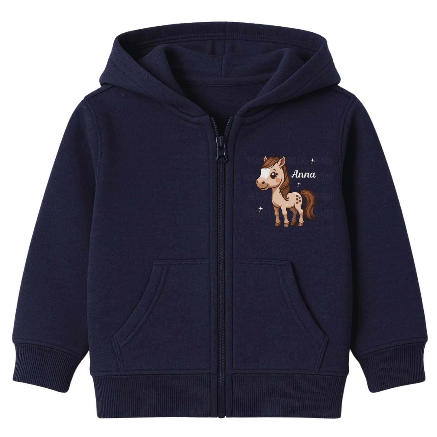 Girls navy zip-up hoodie with a horse design and 'Anna' text printed on the front chest.