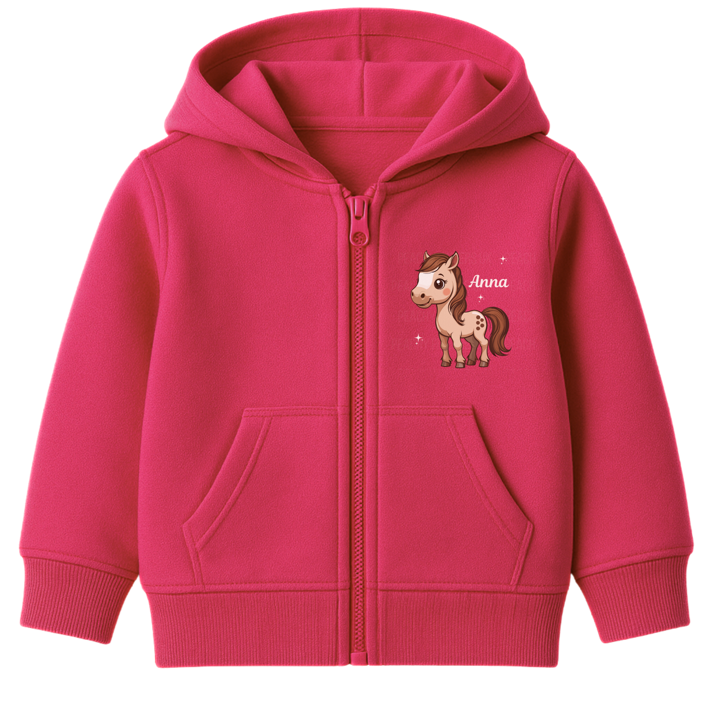 Girls phot pink zip hoodie with a horse design and 'Anna' text printed on the front chest.