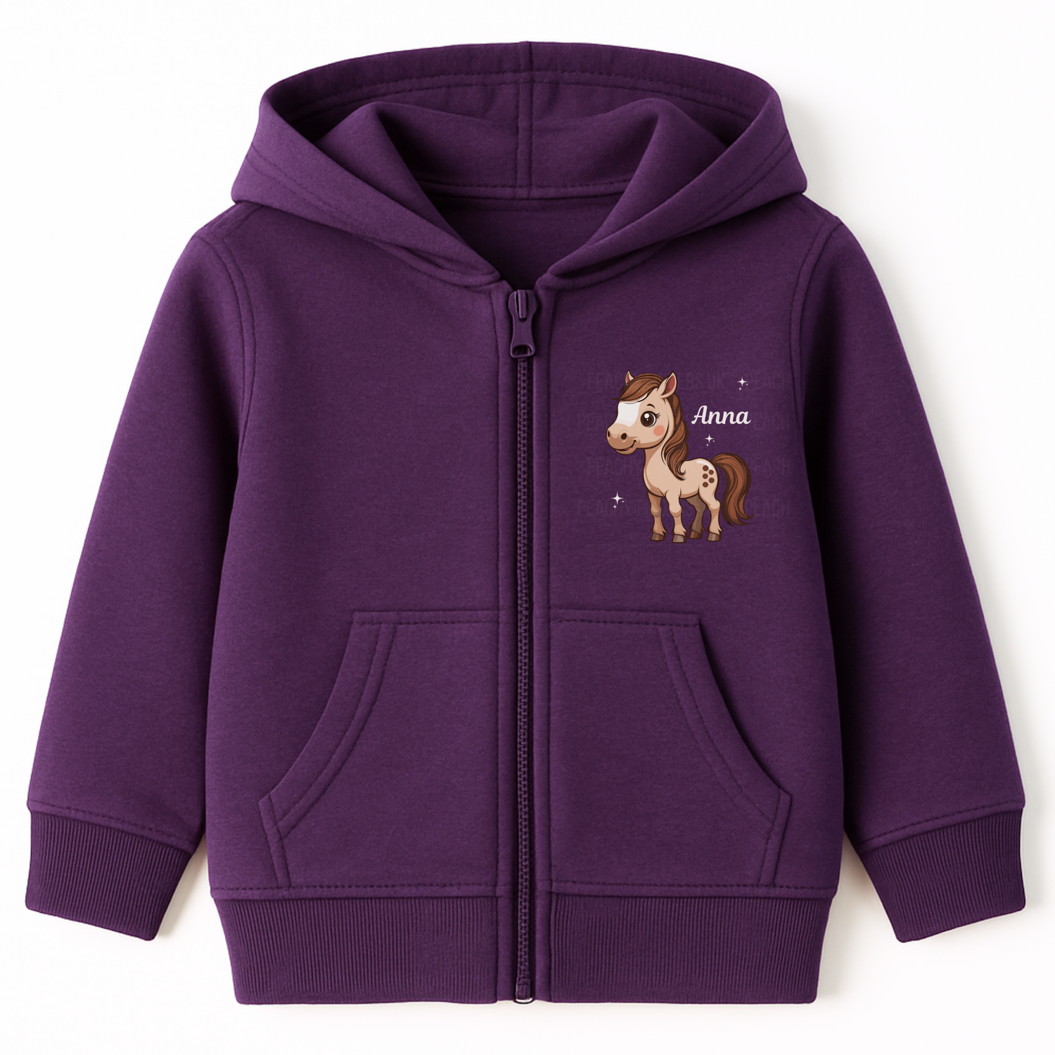 Girls purple zip hoodie with a horse design and 'Anna' text printed on the front chest.
