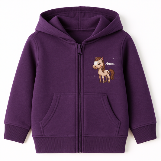Girls purple zip hoodie with a horse design and 'Anna' text printed on the front chest.