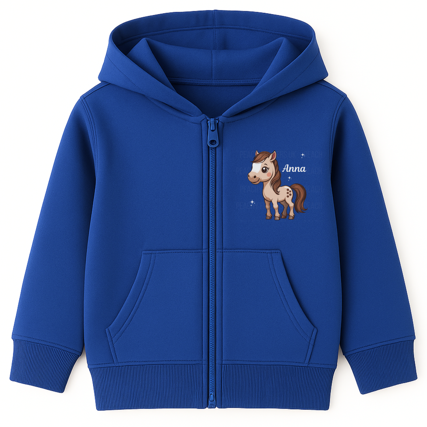 Girls royal blue zip hoodie with a horse design and 'Anna' text printed on the front chest.