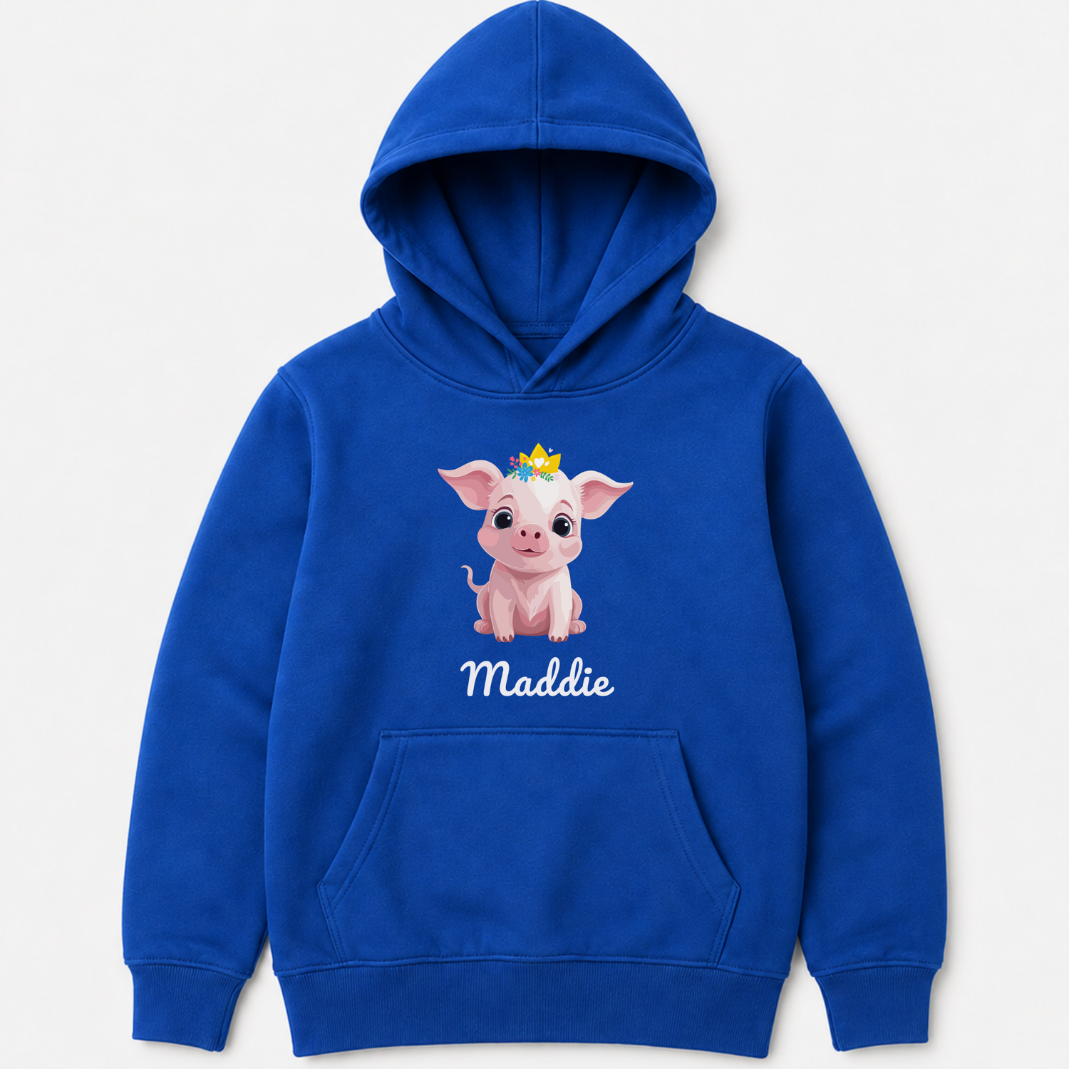 Girls royal blue pullover hoodie featuring a cartoon pig character wearing a small yellow crown, with the name 'Maddie' printed in white below. The hoodie is shown against a plain light gray background.