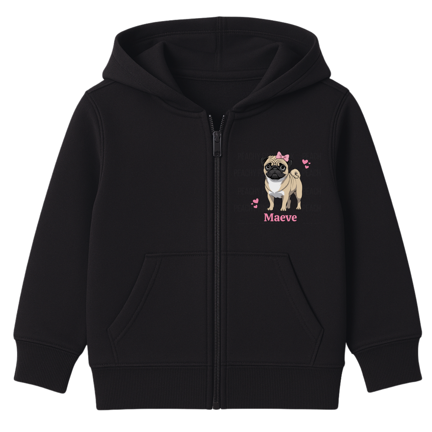 Girls black zip-up hoodie featuring a cute pug graphic with a pink bow and hearts, personalised with the name ‘Maeve’ printed underneath