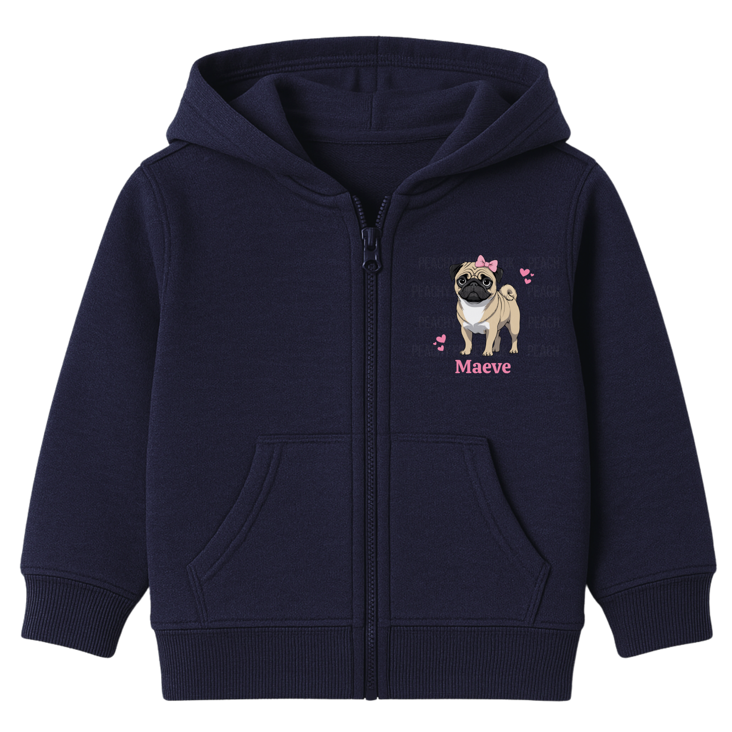 Girls navy zip-up hoodie featuring a cute pug graphic with a pink bow and hearts, personalised with the name ‘Maeve’ printed underneath